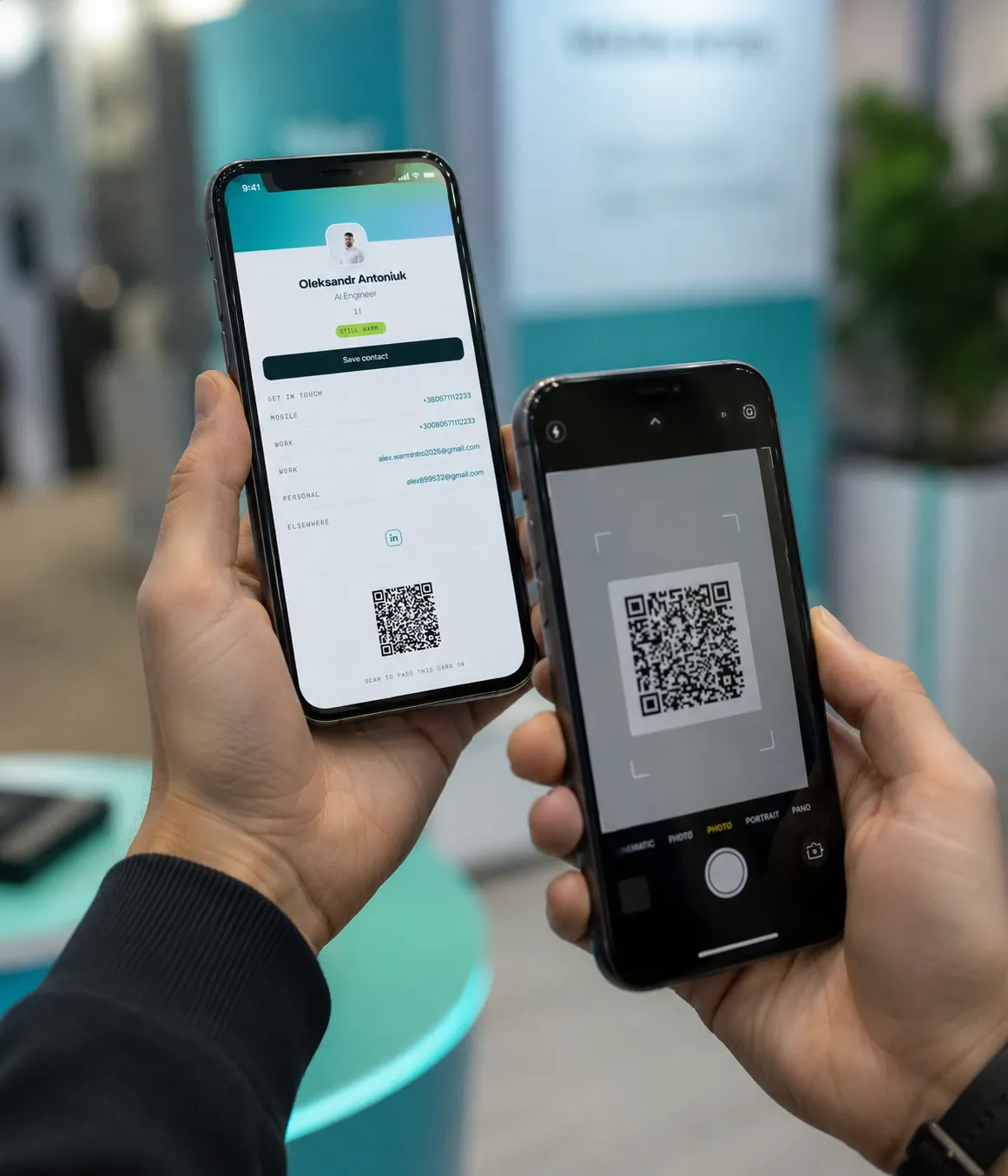 Two phones side by side: one shows a card with its QR code, the other is scanning it.